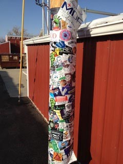 A pole of stickers at the StickerGiant Headquarters