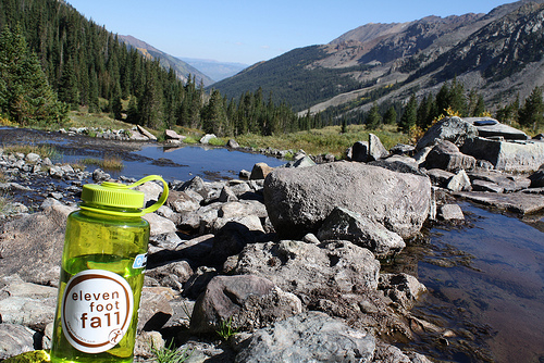 Eleven Foot Fall sticker on a waterbottle, with a gorgeous view.