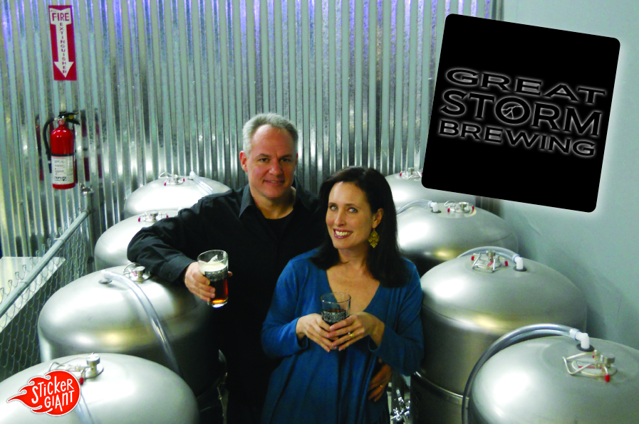 Owners-of-Great-Storm-Brewing-Company-with-kegs-and-their-custom-sticker-printed-by-StickerGiant