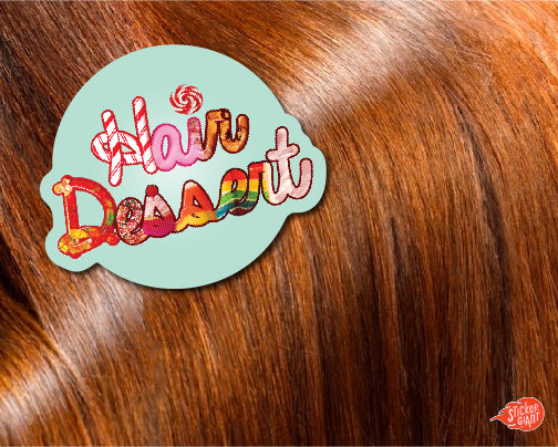 Hair-Dessert-logo-sticker-printed-by-StickerGiant-with-red-hair-in-the-background