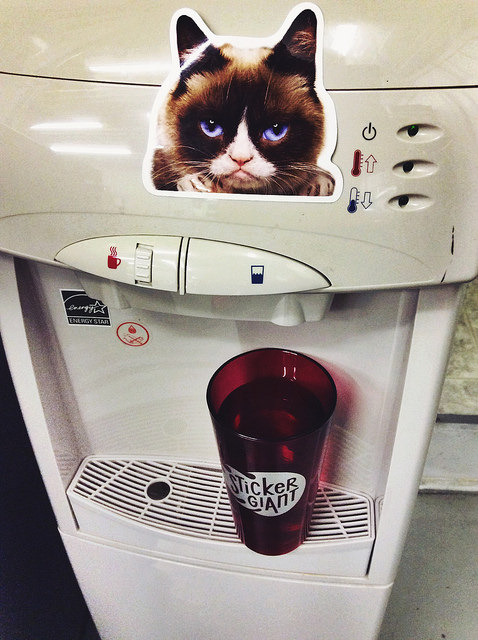 Grumpy-Cat-custom-shaped-sticker-on-a-water-cooler-at-StickerGiant