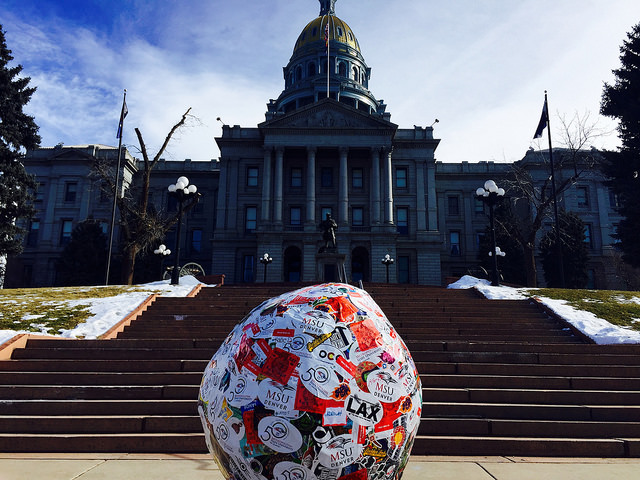 Saul the World's Largest Sticker Ball visiting the State Capitol of Colorado