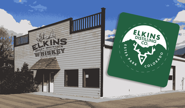 Elkins-Distilling-Co-Sticker-Design-with-Elkins-Whiskey-in-Backrgound-to-show-custom-stickers-they-had-printed-by-StickerGiant