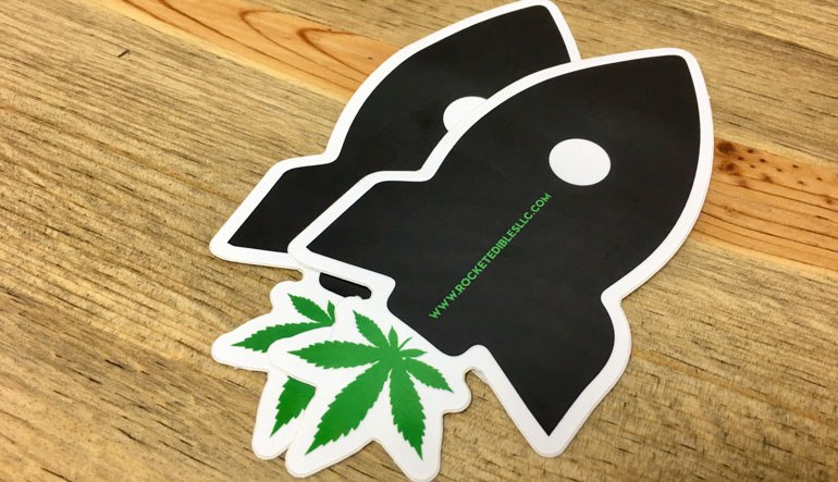 Custom-Stickers-printed-by-StickerGiant-with-a-custom-rocket-shape-for-Rocket-Edibles-LLC