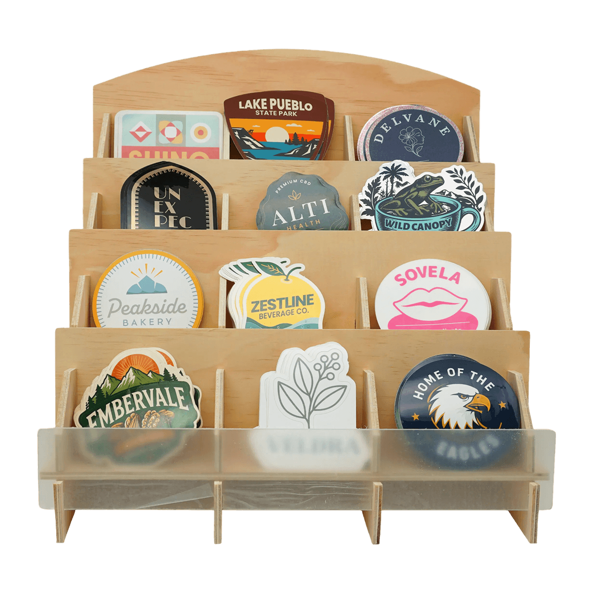 Assorted custom die cut stickers with full-color logo designs in custom shapes, showcasing branded promotional stickers for coffee shops, breweries, restaurants, retail brands, and small businesses.