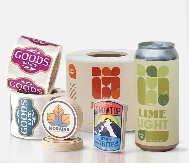 Custom stickers and labels for businesses, including roll labels, die cut stickers, round stickers, and product packaging labels applied to food packaging and beverage cans.