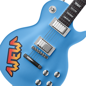 A blue guitar with a WEW band sticker printed by StickerGiant applied to it