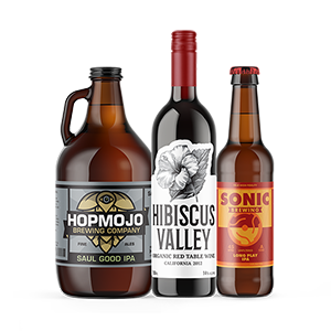 A growler with a HopMojo label printed by StickerGiant applied to it, a wine bottle with Hibiscus Valley label printed by StickerGiant applied to it, a beer bottle with a Sonic brewing label printed by StickerGiant applied to it