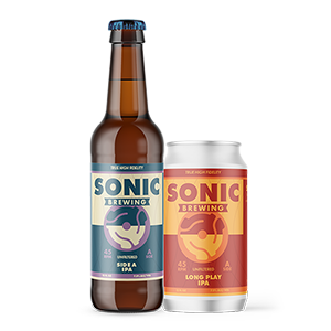 A beer bottle with Sonic brewing label printed by StickerGiant applied to it, a can with Sonic brewing label printed by StickerGiant applied to it