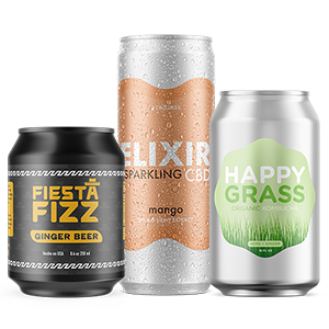 A black can with Fiesta Fizz label printed by StickerGiant applied, a tall slim can with Elixir CBD label printed by StickerGiant applied to it, a can with Happy Grass label printed by StickerGiant applied to it