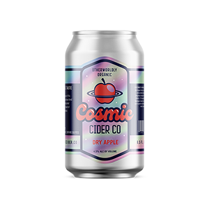 A can with a Cosmic cider label printed by StickerGiant applied to it