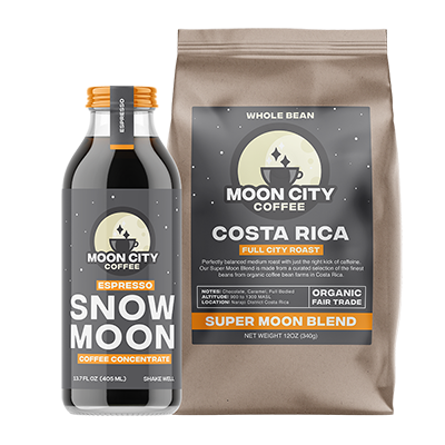 A bottle of cold brew with Snow Moon label printed by StickerGiant applied, and a bag of coffee with Costa Rica flavor label printed by StickerGiant applied