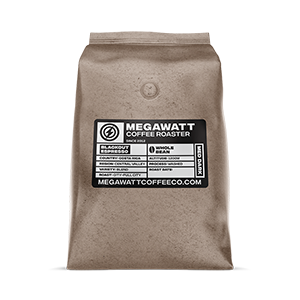 A brown bag of coffee with a Megawatt label printed by StickerGiant applied to the side of it