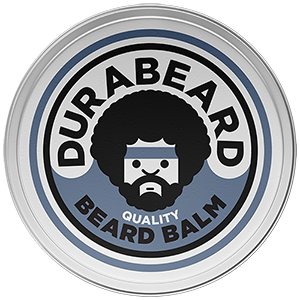 A metal circular tin with a Durabeard beard balm label printed by StickerGiant applied to it