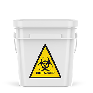 A white bucket with a lid, with a Biohazard triangular sticker printed by StickerGiant applied to the side of it