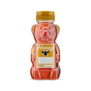 A bear shaped bottle of honey with a honey label printed by StickerGiant on it