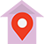 A purple arrow shape with a red location drop in the middle 