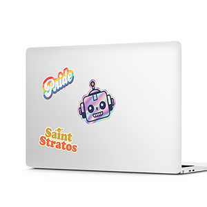 A open silver laptop with 3 stickers printed by StickerGiant applied to the top of it, one is a robot head, one is a rainbow pride sticker and one is a saint stratos sticker