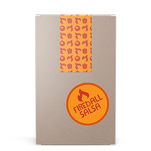 A brown bag with a sticker printed by StickerGiant sealing it at the top and a circle Fireball Salsa sticker printed by StickerGiant applied to the front