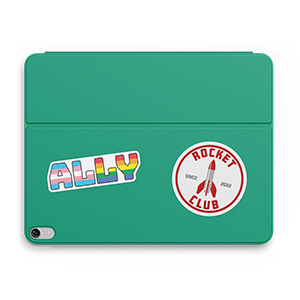 A green ipad cover with an Ally sticker printed by StickerGiant and a Rocket Club sticker printed by StickerGiant applied to it