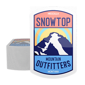 A Stack of Snowtop Mountain Outfitters logo stickers printed by StickerGiant